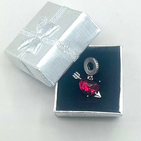 Red Heart & Love Arrow Sterling Silver S925 and Murano Glass Dangle Charm - Picture 4 of 6